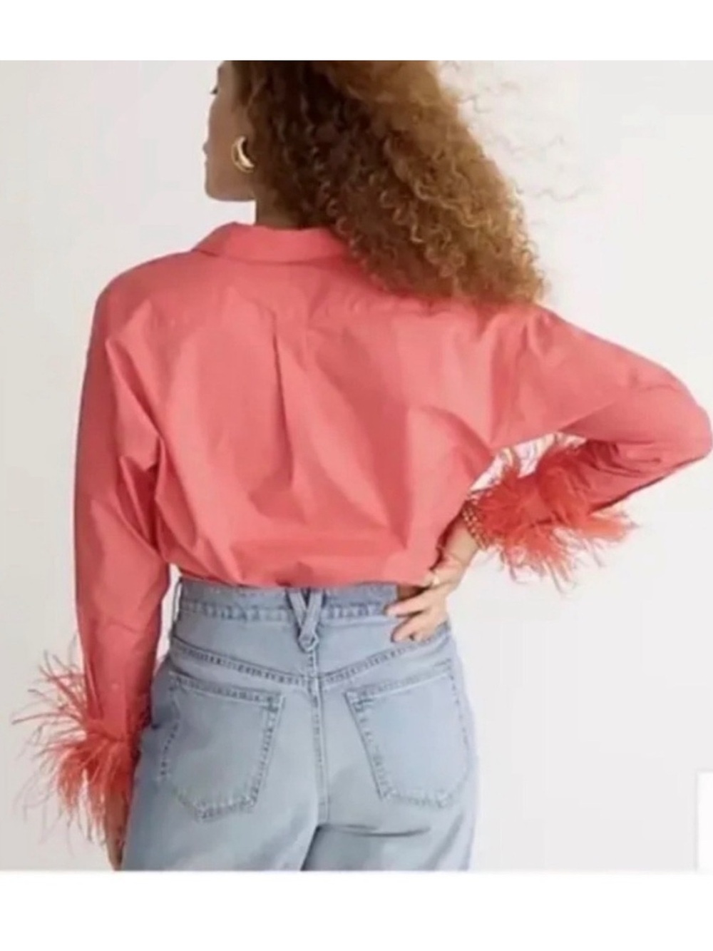 J. Crew Collection Feather Trim Cotton Poplin ButtonUp Shirt Collar Bright Coral
